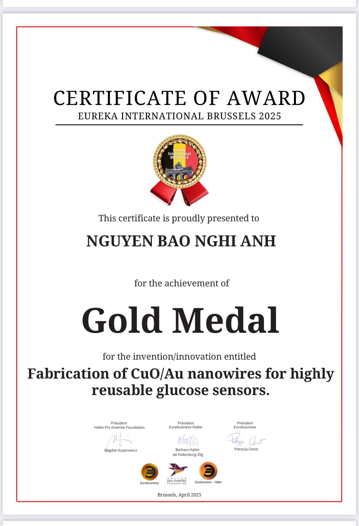 Gold Medal – Eureka International Brussels (2025) 