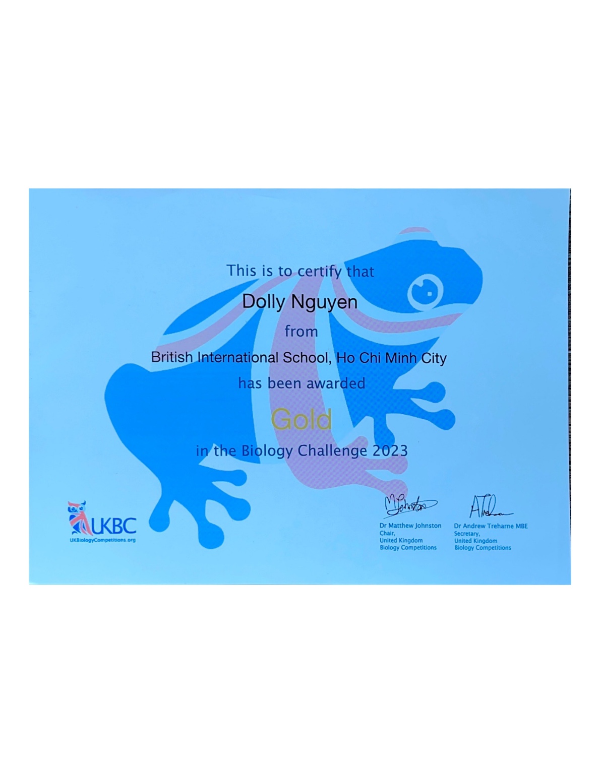 British Biology Olympiad – Gold Award (Top 5% Global) (2023) 