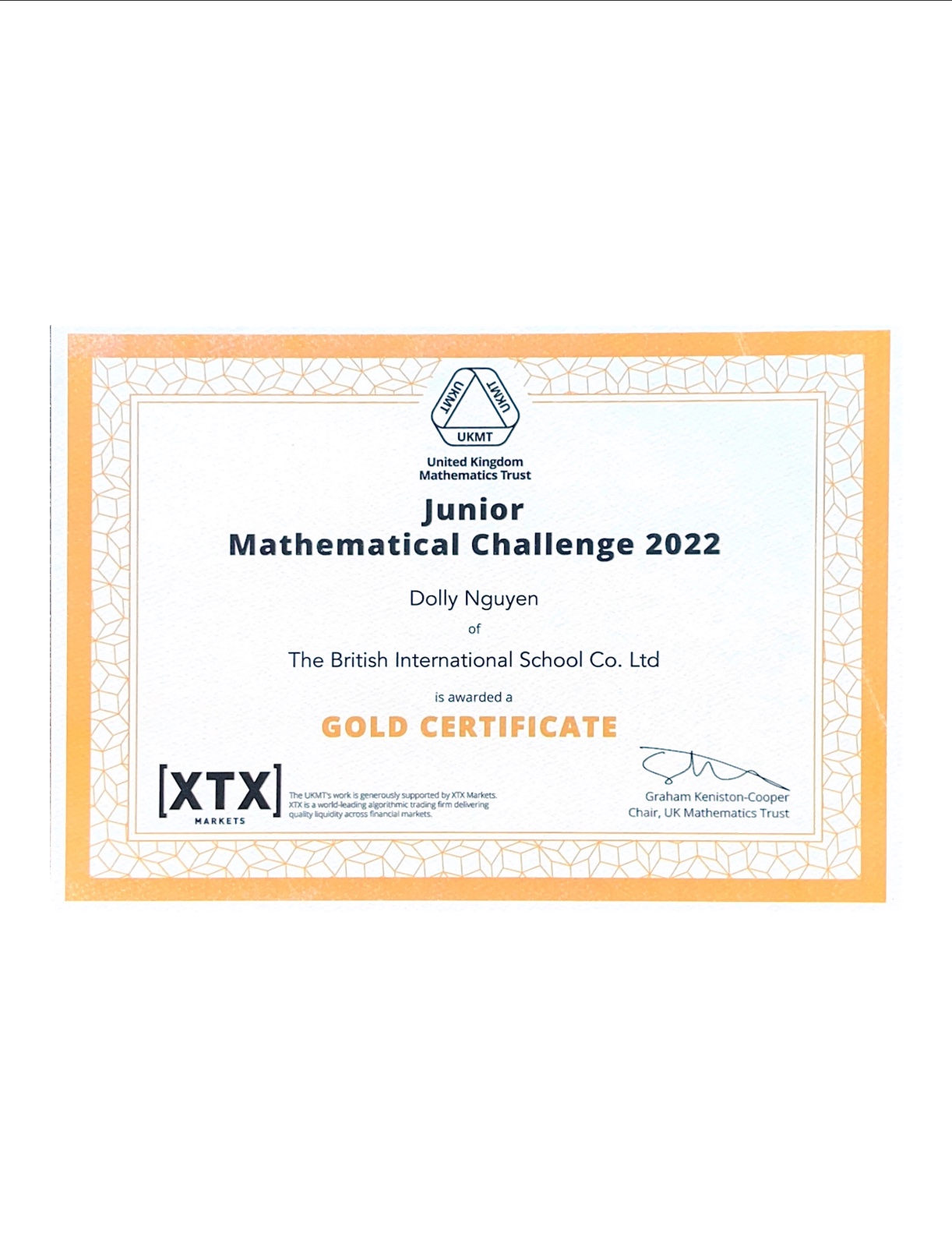UKMT Intermediate Maths Challenge – Gold Award (Top 3 in school, 200,000+ participants worldwide) 