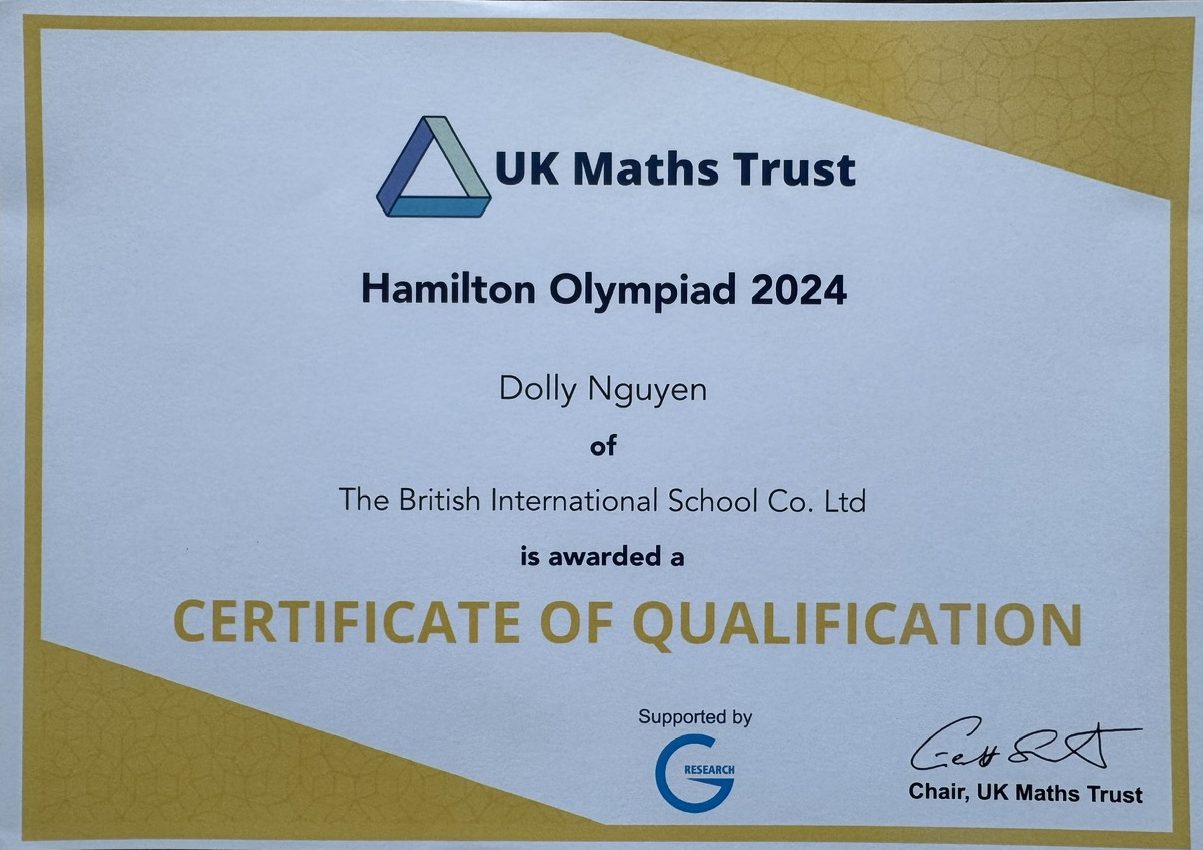 UKMT Intermediate Maths Olympiad – Qualification Award (Top 1,800 globally) 